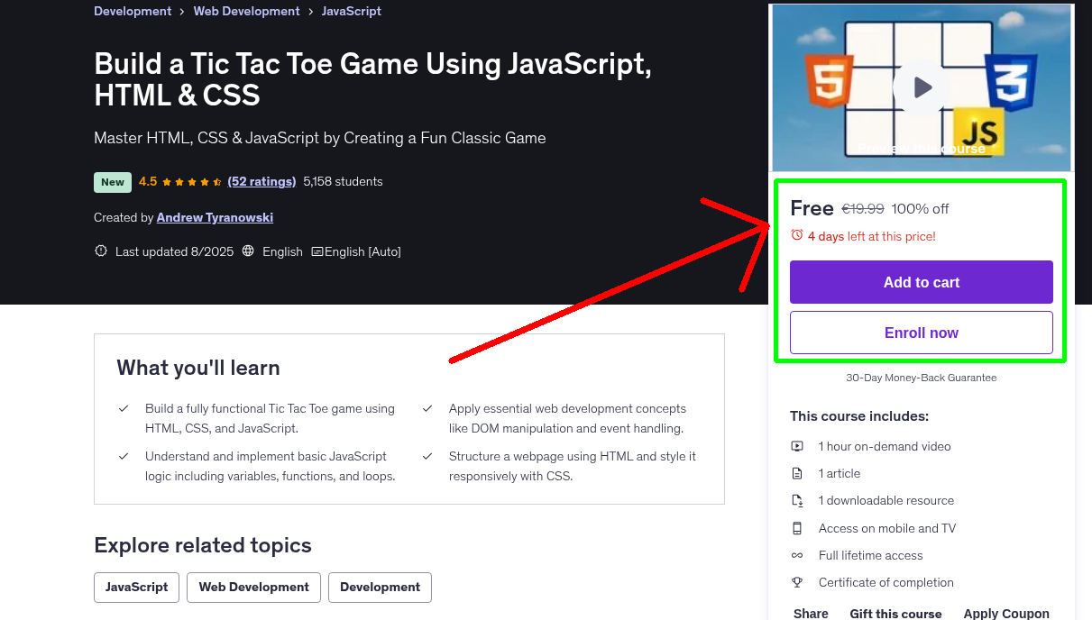 Build a Tic Tac Toe Game Using JavaScript, HTML & CSS